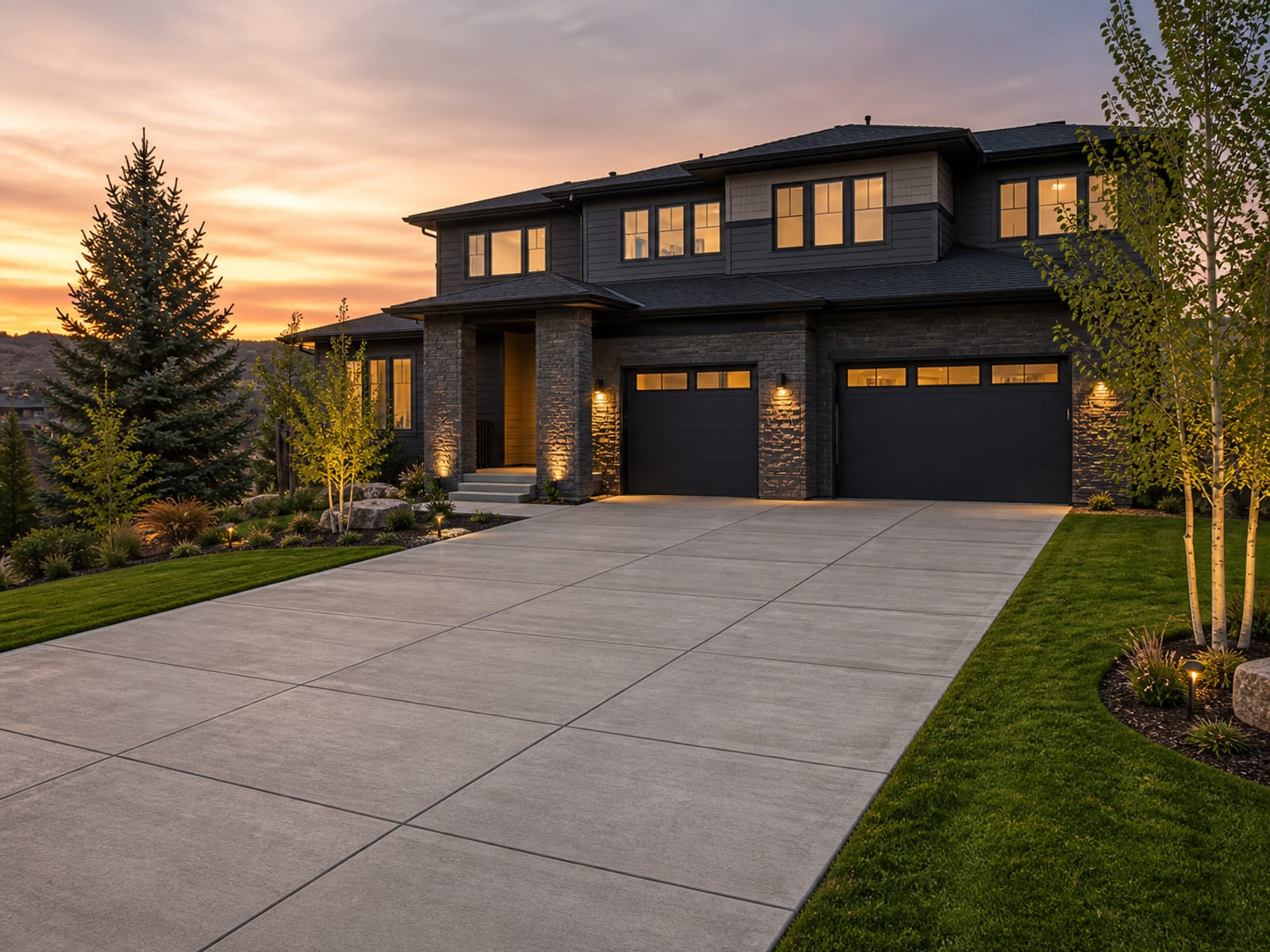Long residential concrete driveway leading to a modern two-story home in Raleigh at dusk